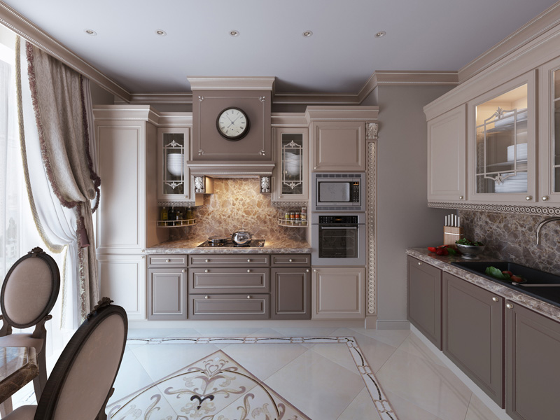 Cuisine d'angle aux couleurs gris et beige