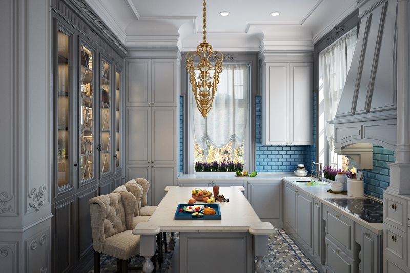 Tablier de tuiles bleues dans une cuisine de style néoclassique
