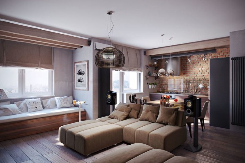 El interior de la espaciosa cocina-sala de estar en el estilo eco-loft