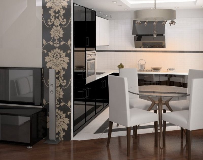 Cozinha e sala de estar separadas com piso