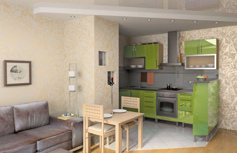 Green living room kitchen with direct sofa