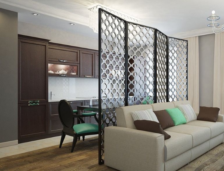 Zonasi skrin ruang tamu dapur dengan set linear