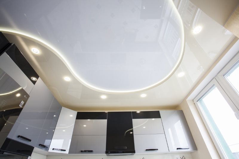 Two-level suspended type ceiling in the kitchen of a panel house
