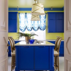 Yellow ceiling in the kitchen of a private house