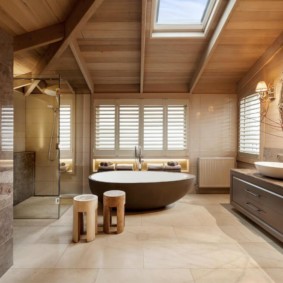 Interior of a spacious bathroom in a rustic house