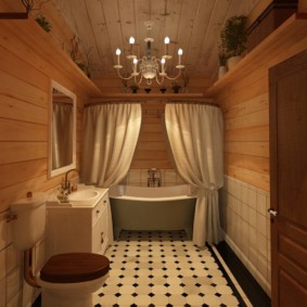 Chandelier on the wooden ceiling in the bathroom