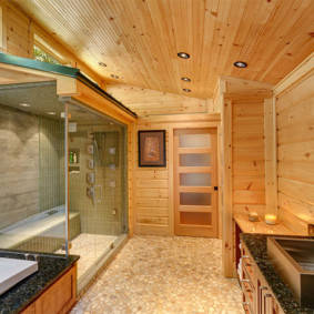 Cork floor in a wooden house bathroom