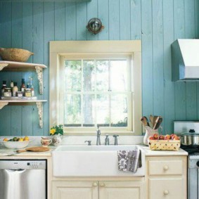Wooden wall paneling of a kitchen in a rustic house
