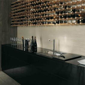 Linear kitchen with a bar instead of hanging cupboards