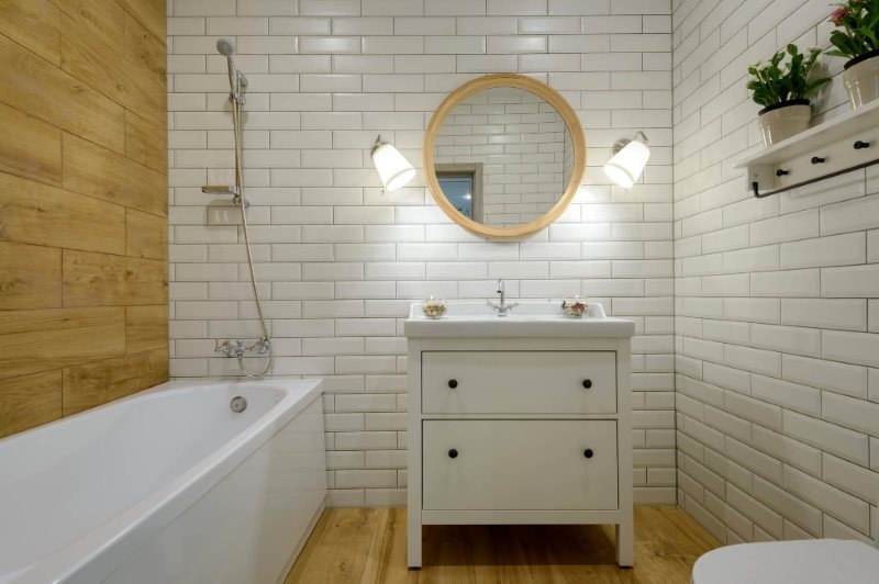 Wooden panels on the bathroom wall