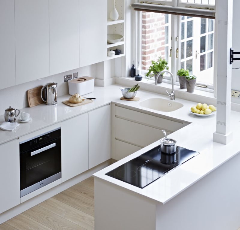 Compact Art Nouveau kitchen with sink at the window
