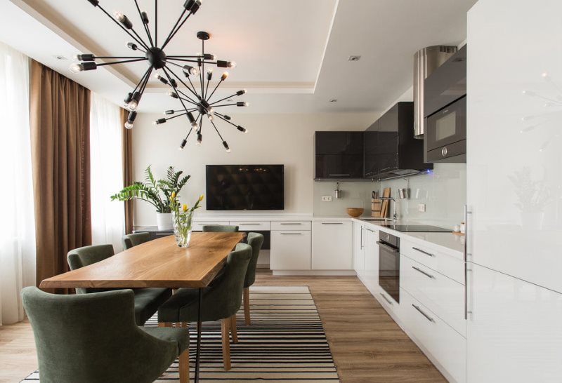 Matte stretch ceiling in the corner kitchen