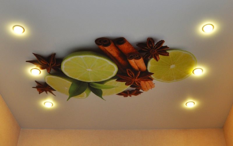 Beautiful canvas stretch ceiling with photo printing