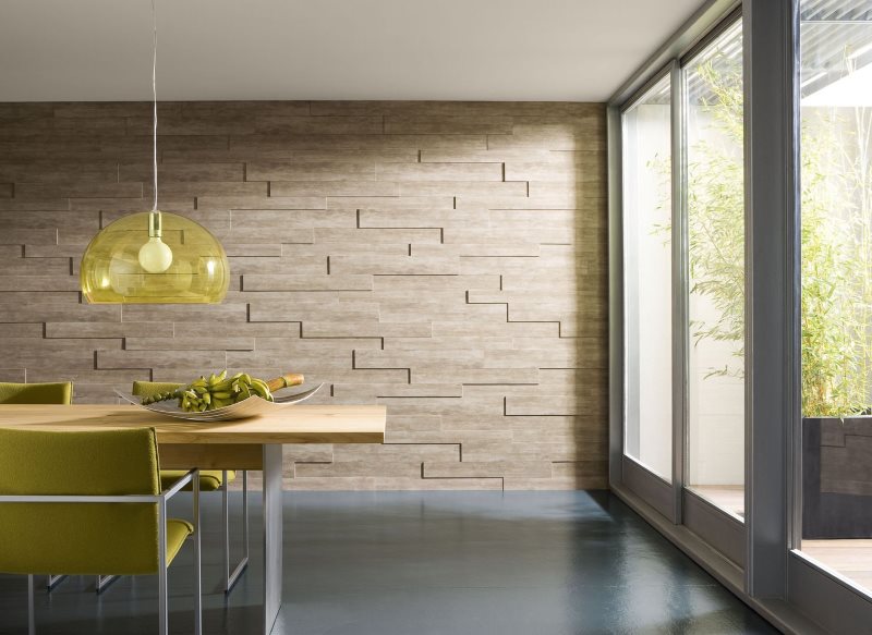 Volumetric panels of wood on the kitchen wall with a panoramic window