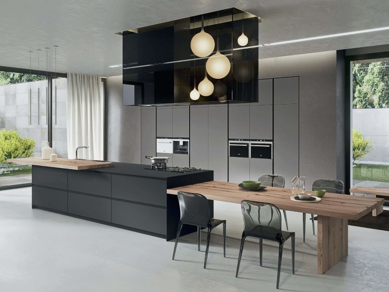 Kitchen design of a private house with panoramic windows