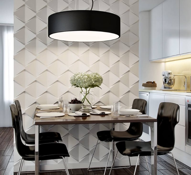 Volumetric panels in the kitchen with black chairs