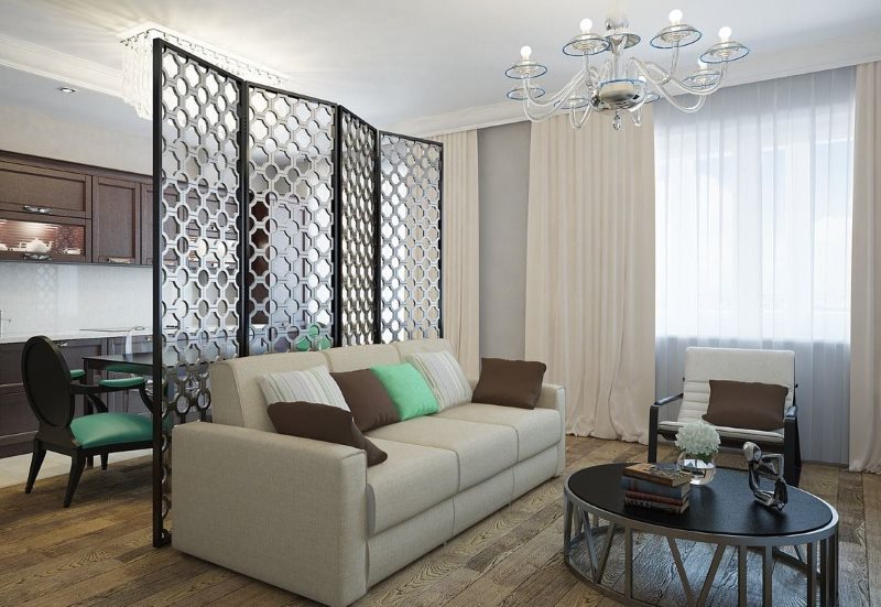 ตกแต่งหน้าจอระหว่างห้องครัวและห้องนั่งเล่น