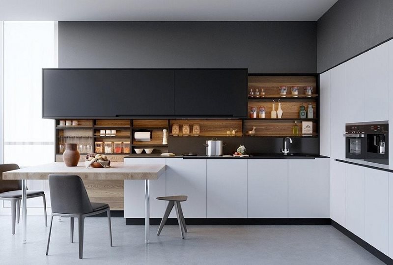 Prateleiras abertas na cozinha de alta tecnologia