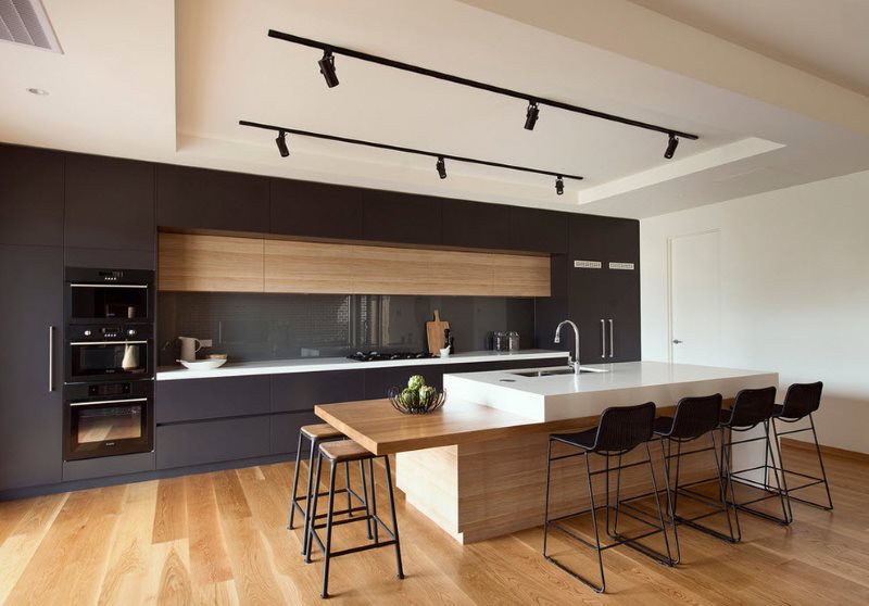 White countertop linear headset with dark gray facades