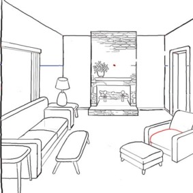 Lakaran bebas dari ruang tamu dapur dengan perapian