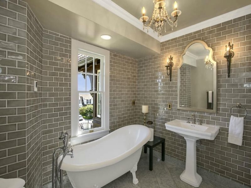 Light gray tile in a classic style bathroom