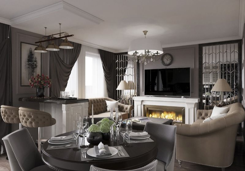 Bahagian dalam ruang tamu dapur di apartmen dengan perapian