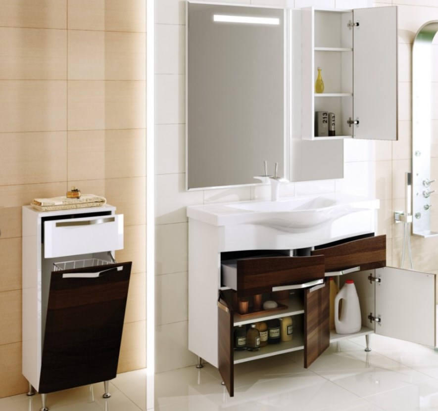 kes almari dengan bakul dobi untuk bilik mandi