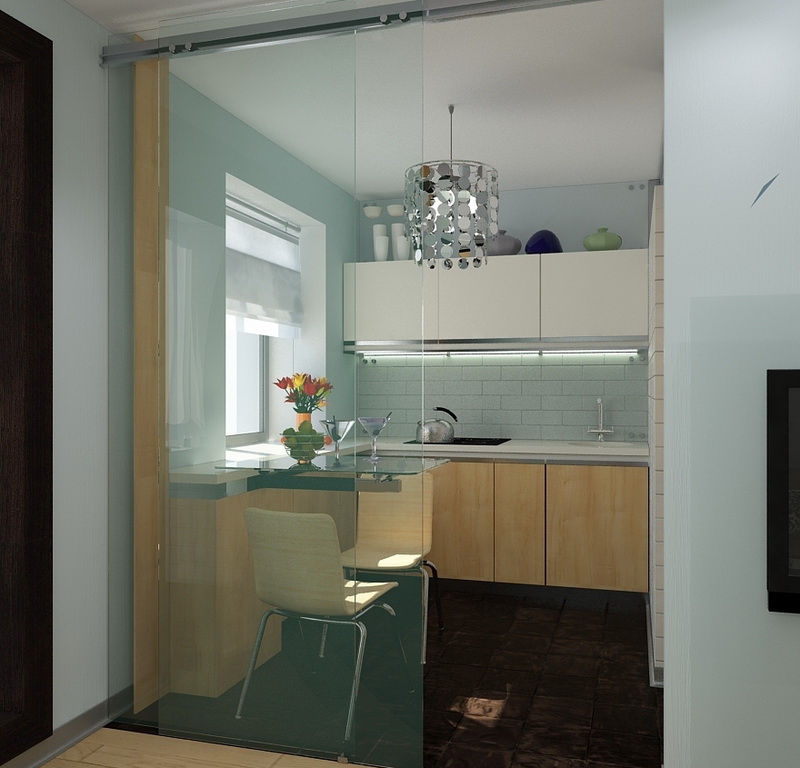 Συρόμενη γυάλινη πόρτα ανάμεσα στην κουζίνα και το καθιστικό