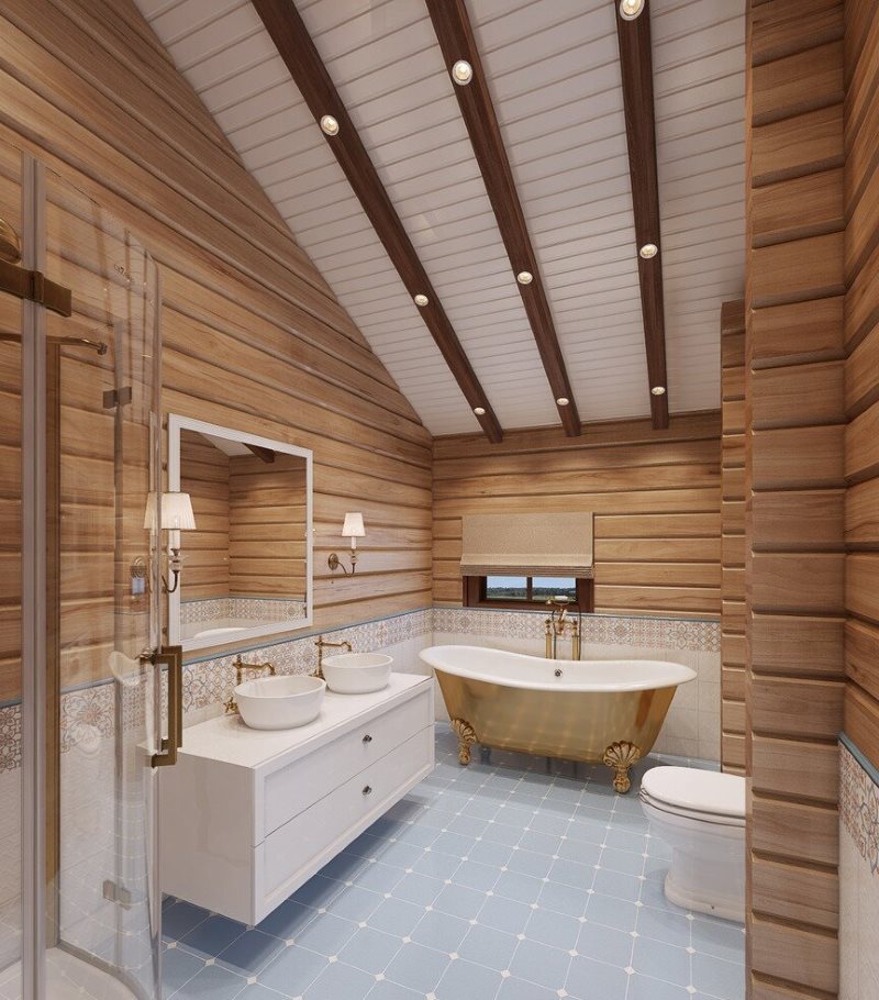 Spotlights on bathroom ceiling beams in a private home