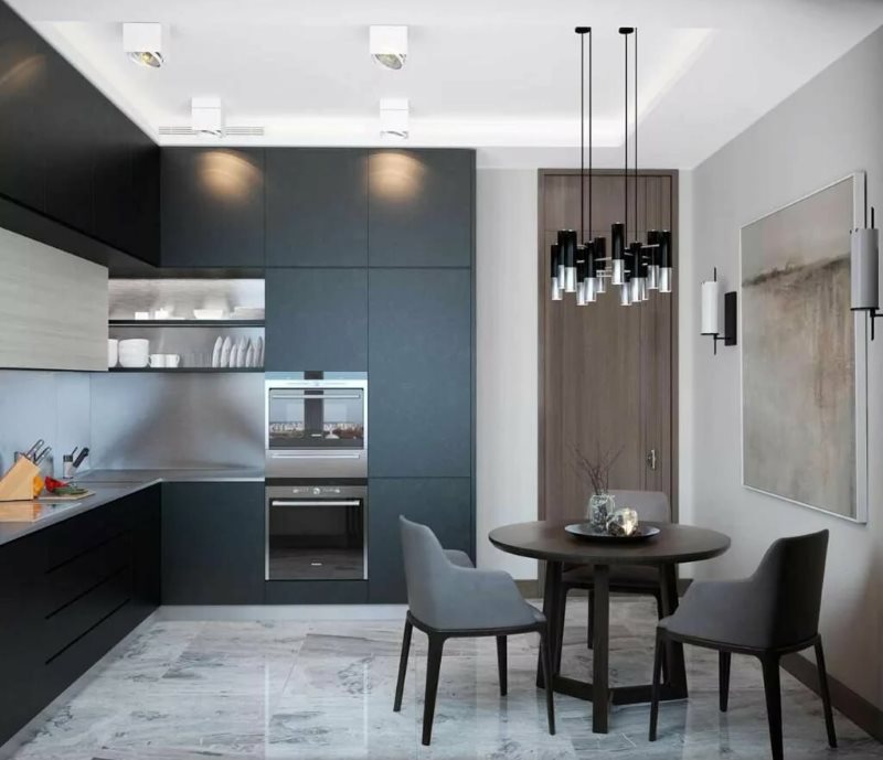 L-shaped set with facades in dark gray