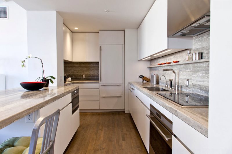 White modern set for a narrow-shaped kitchen