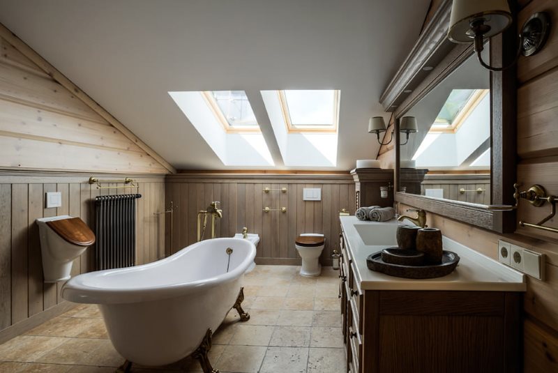 Design of a bathroom in the attic of a wooden house