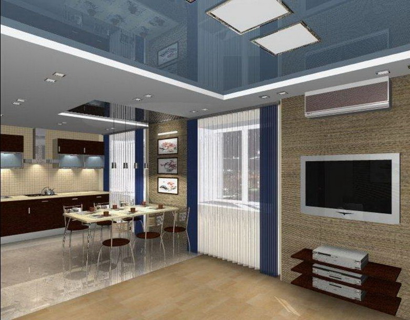 Γυαλιστερό τέντωμα καμβά οροφής στην κουζίνα-σαλόνι