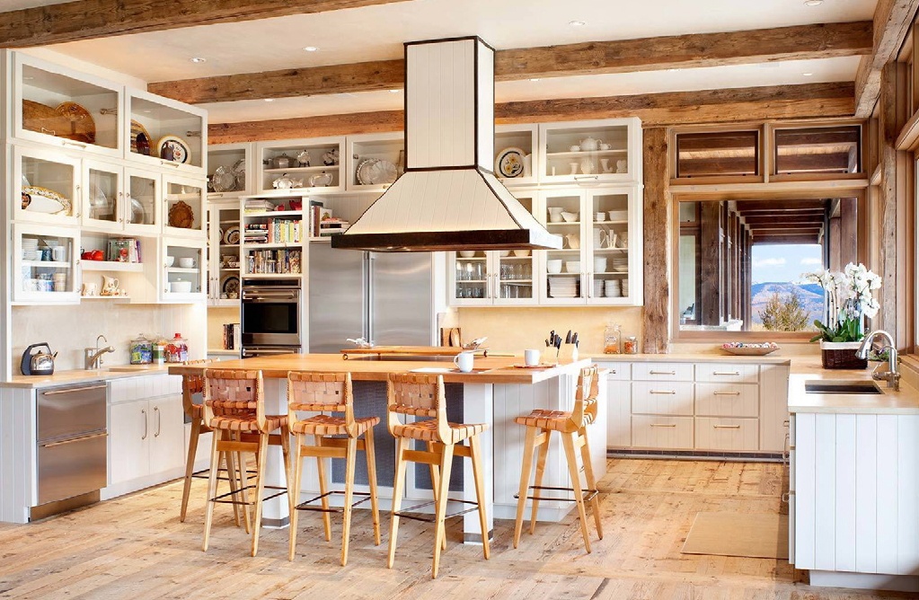 large kitchen in a wooden house