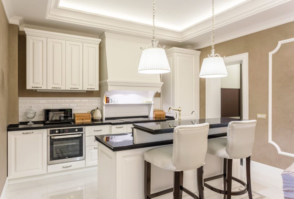 Classic kitchen interior in black and white colors