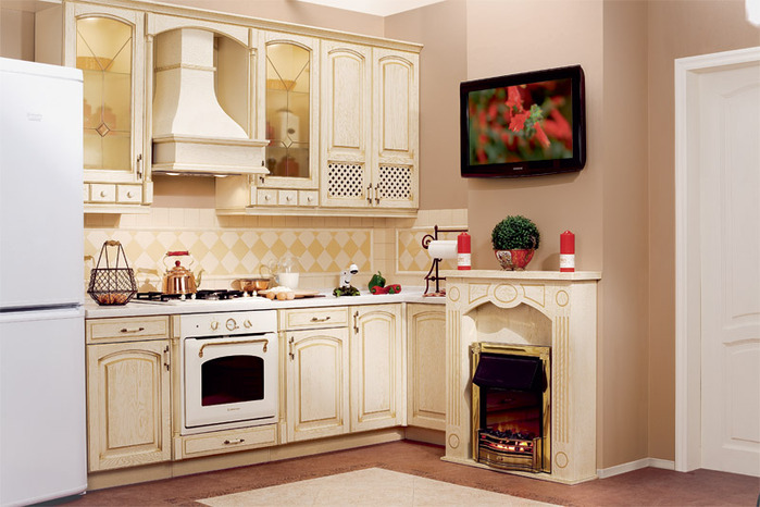 kitchen design with air duct and fireplace
