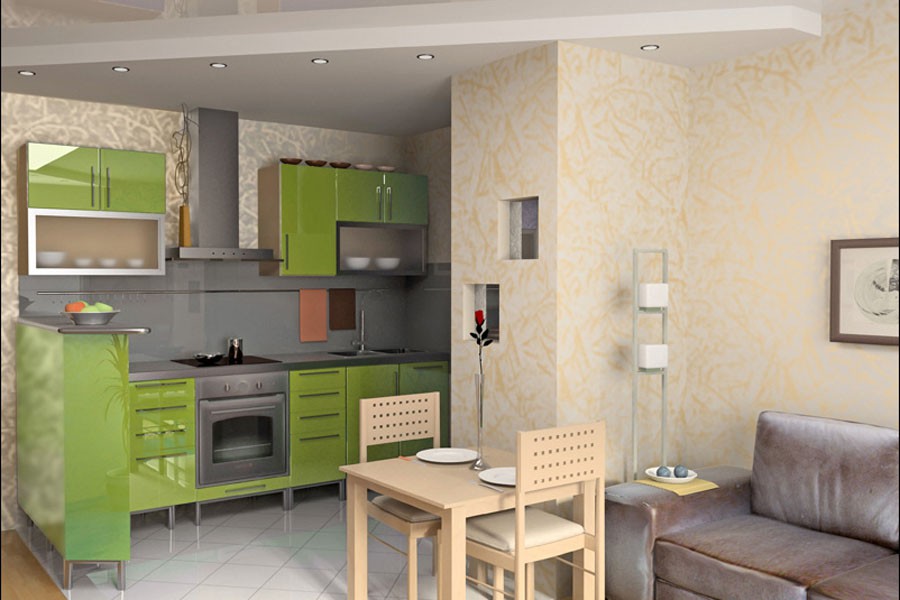 green kitchen design with air duct