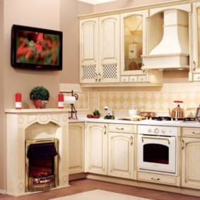 kitchen design with air duct and fireplace