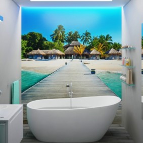 Wall mural in a small bathroom of a city apartment