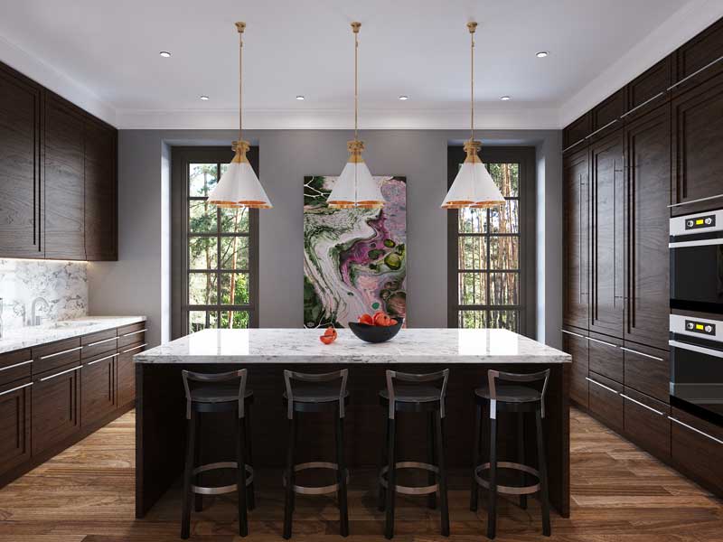 idéias interiores de cozinha com duas janelas