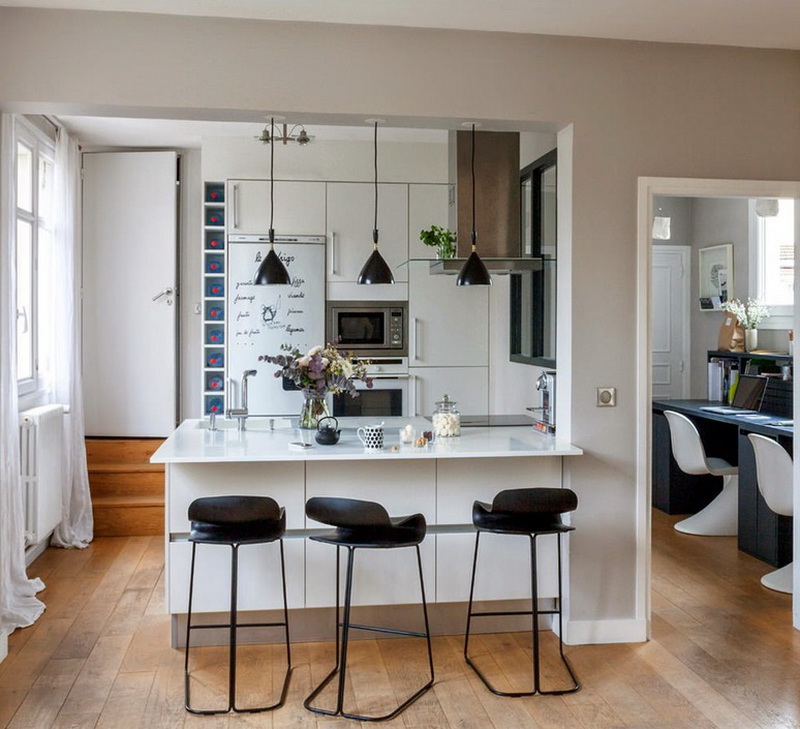 кухня, комбинирана със снимка на дизайна на залата