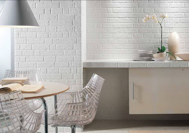 kitchen design with ventilation duct brick finish