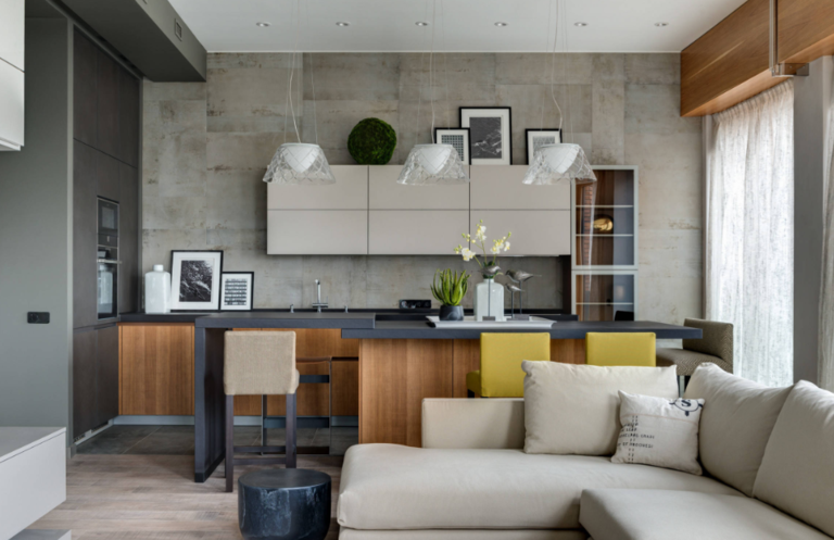 arrangement of furniture and appliances in the kitchen design