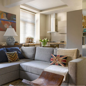 arrangement of furniture and appliances in the kitchen pastel colors