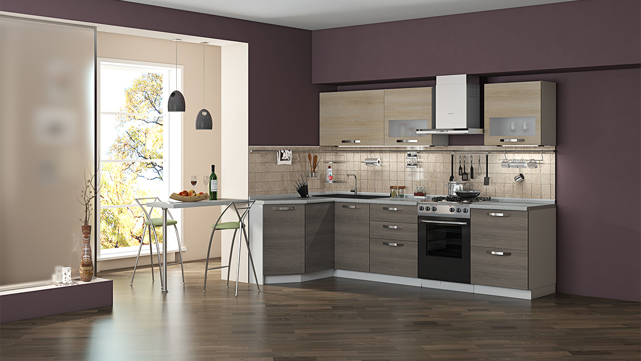 ъглова кухня с мивка в ъгловия интериор