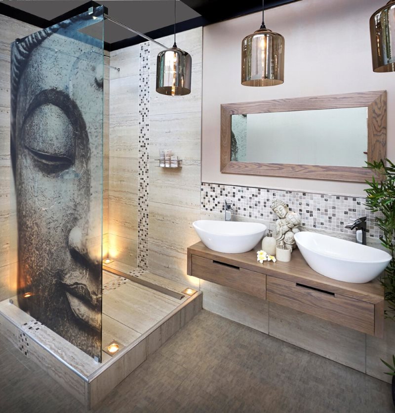 Două chiuvete albe pe un blat din lemn