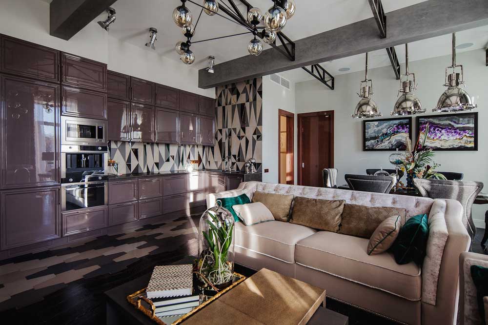 Art deco cozinha-sala interior com elementos de loft