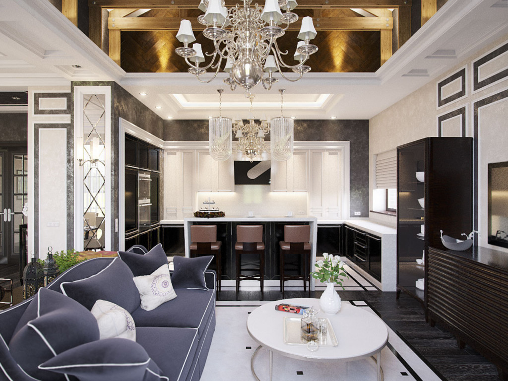 O interior da cozinha-deco alongada no estilo Art Deco