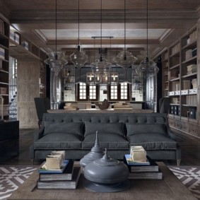 Sofá cinza na sala de estar / cozinha em estilo art déco com loft