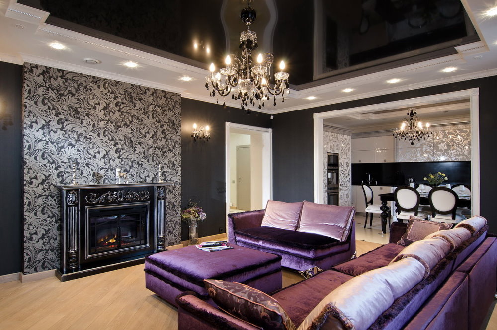 Teto de lona preta na cozinha-sala de estar